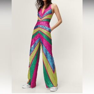 Nasty Gal Colorblock Sequin Jumpsuit Groovy Dressy Party Outfit